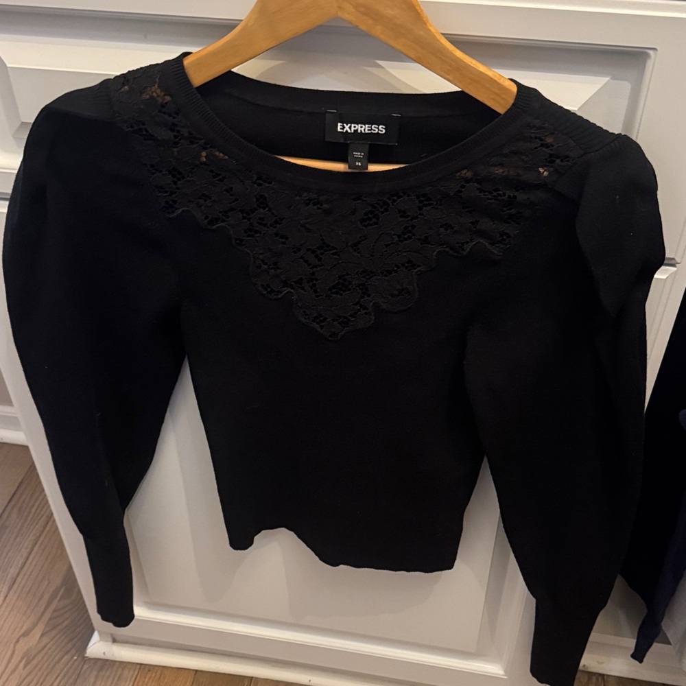 Express Black Lace-Yoke Puff Sleeve Sweater